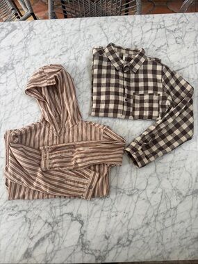 Rylee and Cru Linen Striped Hoodie Gingham Button-Up LS Bundle Sz 10/12 Y